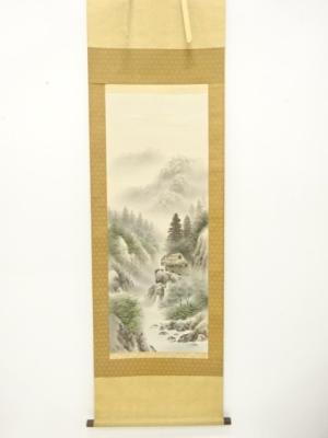 玉芳筆　彩色山水　肉筆絹本掛軸